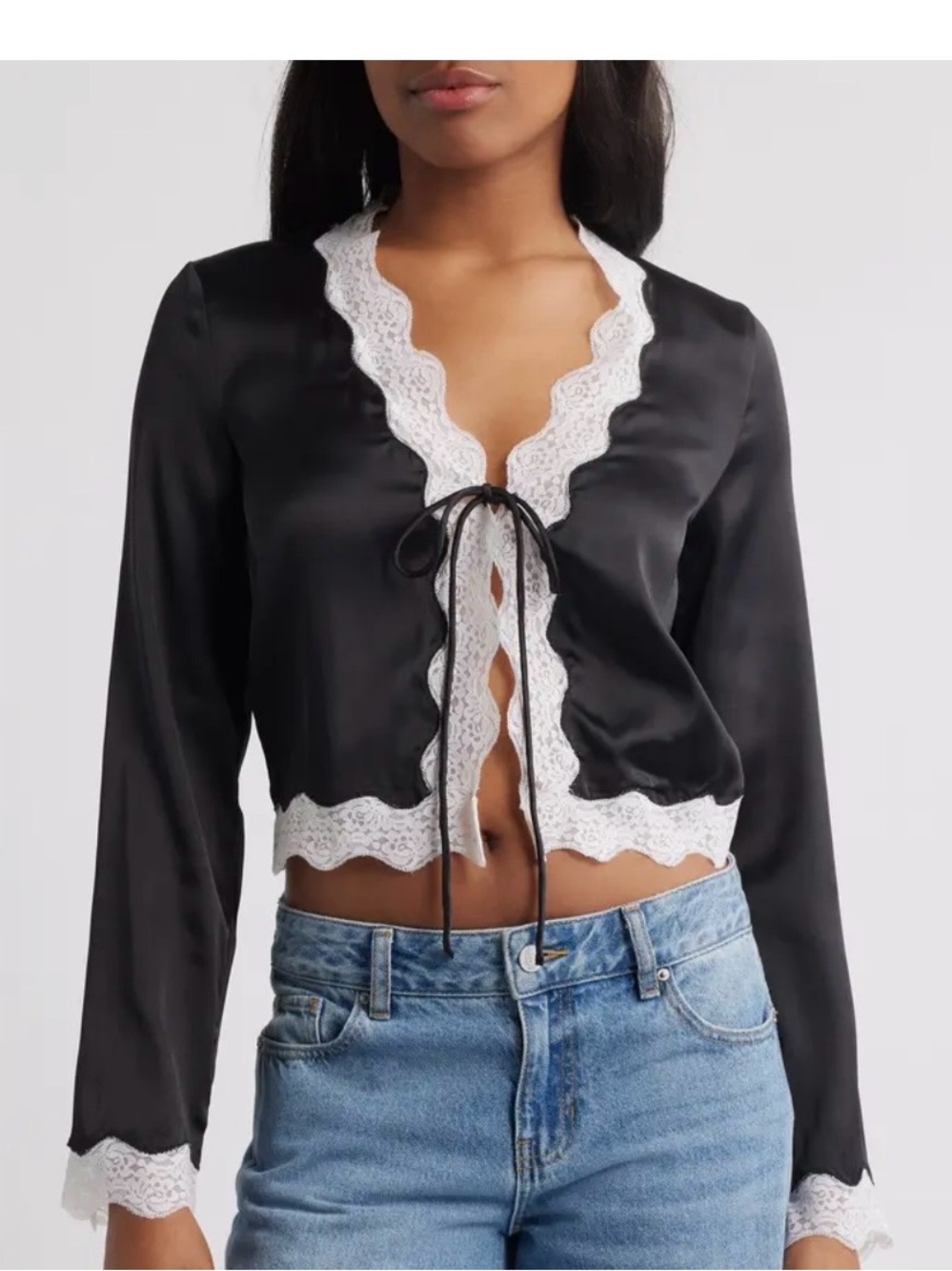 NWT Nasty Gal Black/White Satin Lace-Trim Tie Front Top. Lingerie look, Sz M